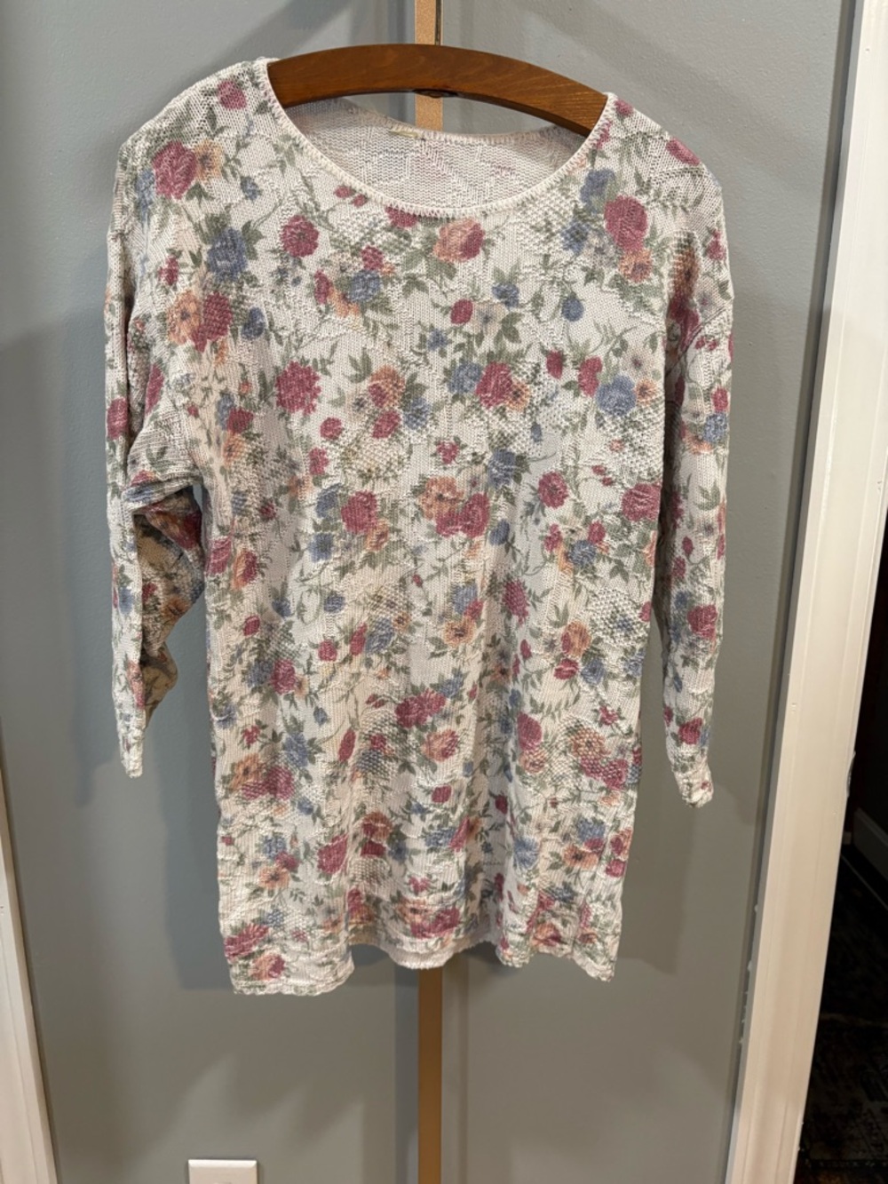 Women's Floral Print Long Sleeve Knit Top - Cream with Pink & Blue Flowers